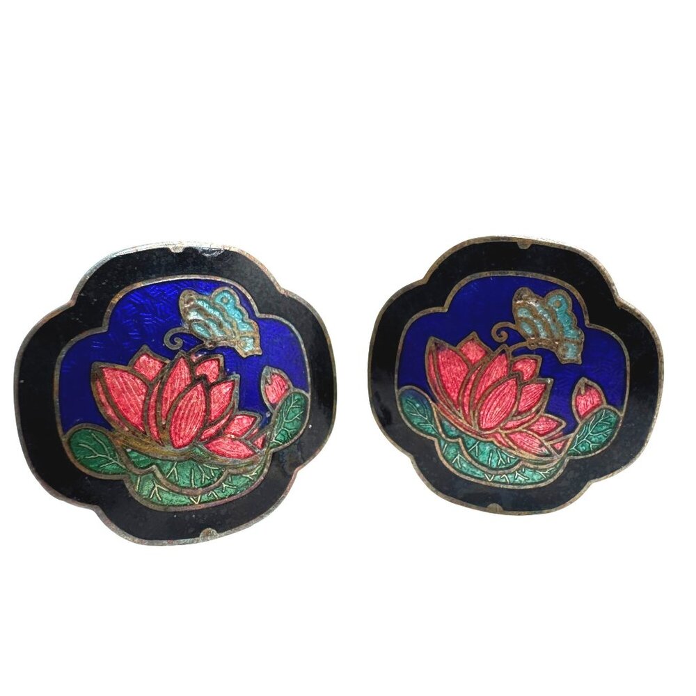 Cloisonne Enamel Earrings Lotus Flower & Butterfly Vintage Clip-On
